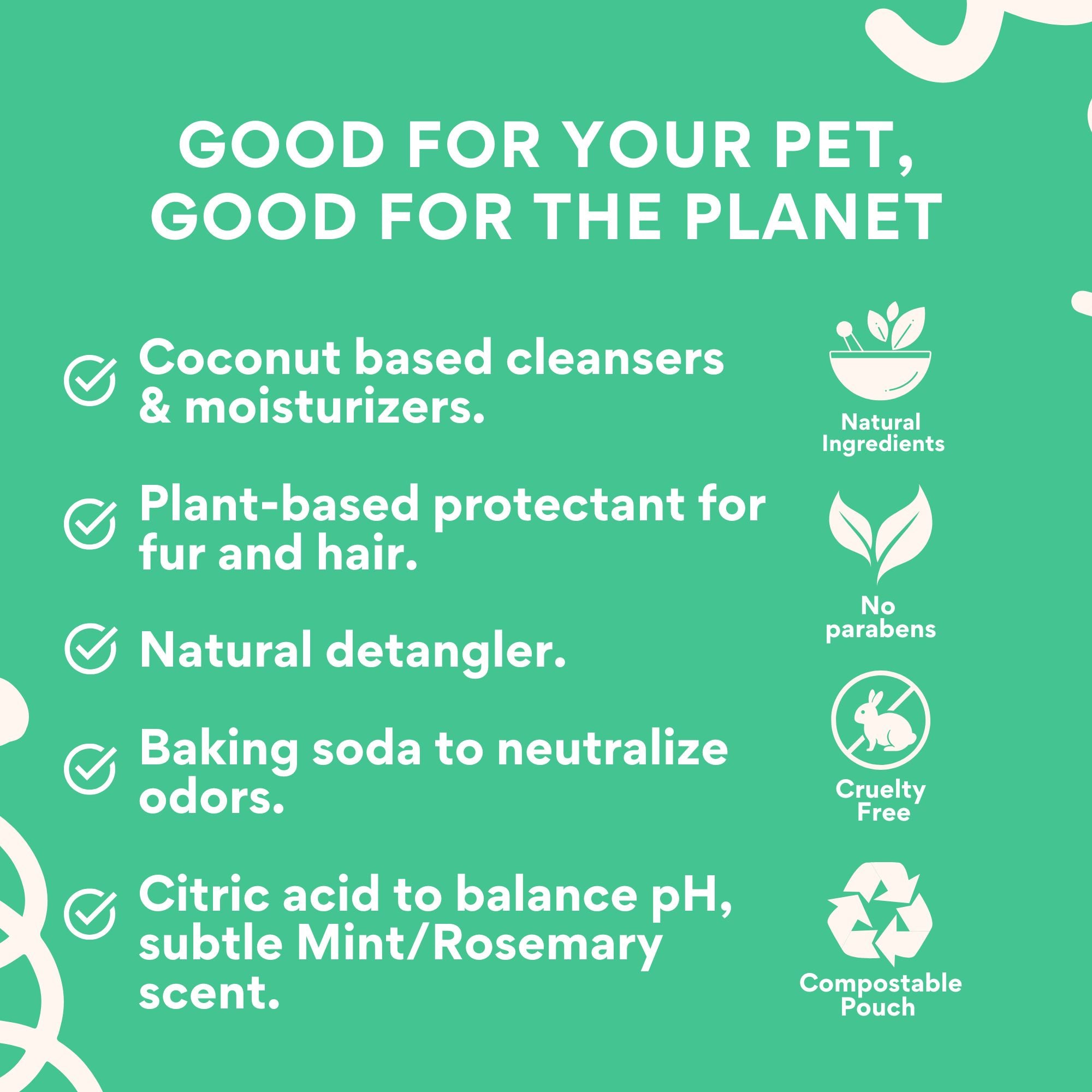 A graphic emphasizing the planet-friendly benefits of Washies Shampoo Sheets, such as compostable packaging, plant-based ingredients, and eco-conscious manufacturing. Icons indicate features like cruelty-free and no parabens.